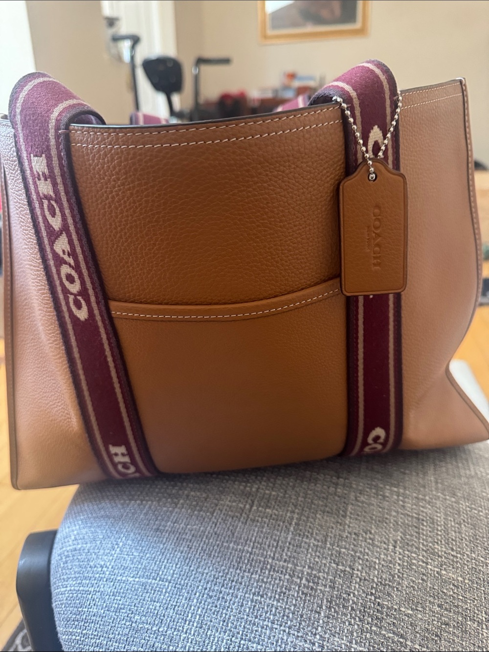 Coach Brown Pebbled Leather Messenger with Burgundy Web Strap